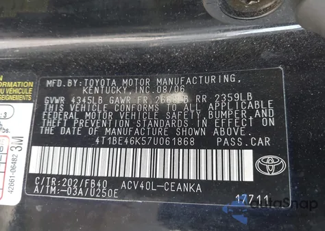 2007 Toyota Camry Ce z USA, uszkodzony, nr VIN 4T1BE46K57U061868